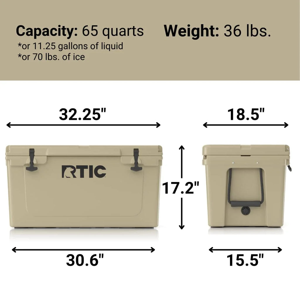 RTIC 65 QT Ultra-Tough Rotomolded Hard-Sided Ice Chest Cooler, Tan, Fits 84 Cans