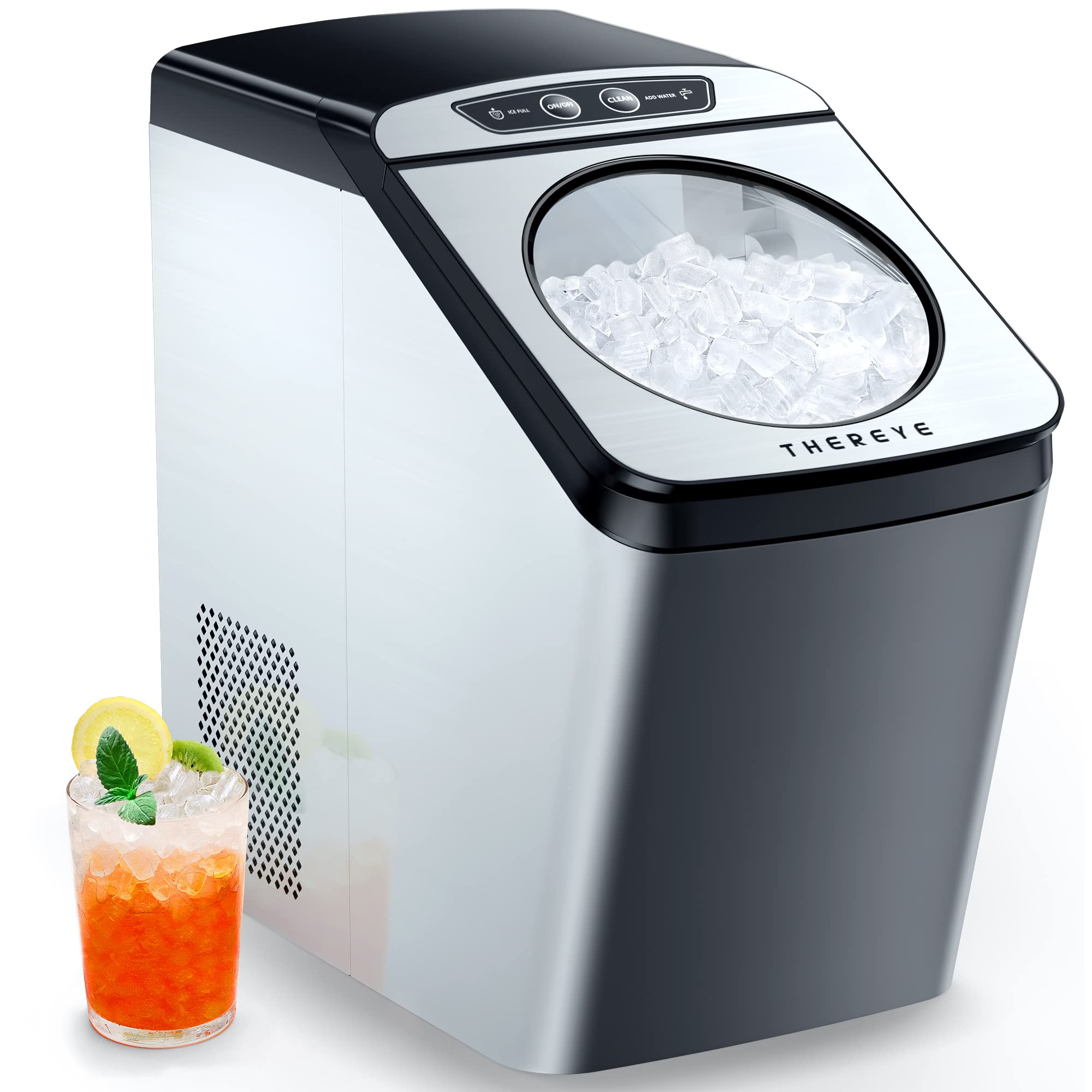 Thereye Countertop Nugget Ice Maker, Top-Loading Pebble Ice Maker Machine, 30lbs Per Day, 2 Ways Water Refill, Self-Cleaning, Stainless Steel Finish Ice Machine for Home Office Bar Party