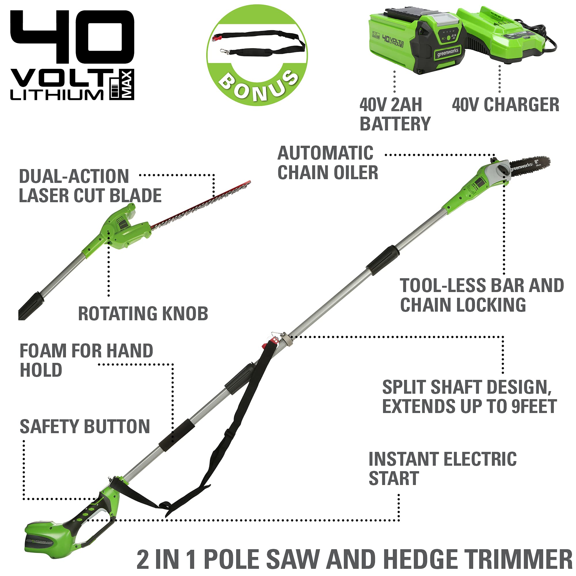 Greenworks Polesaw Hedge 2 0Ah Battery