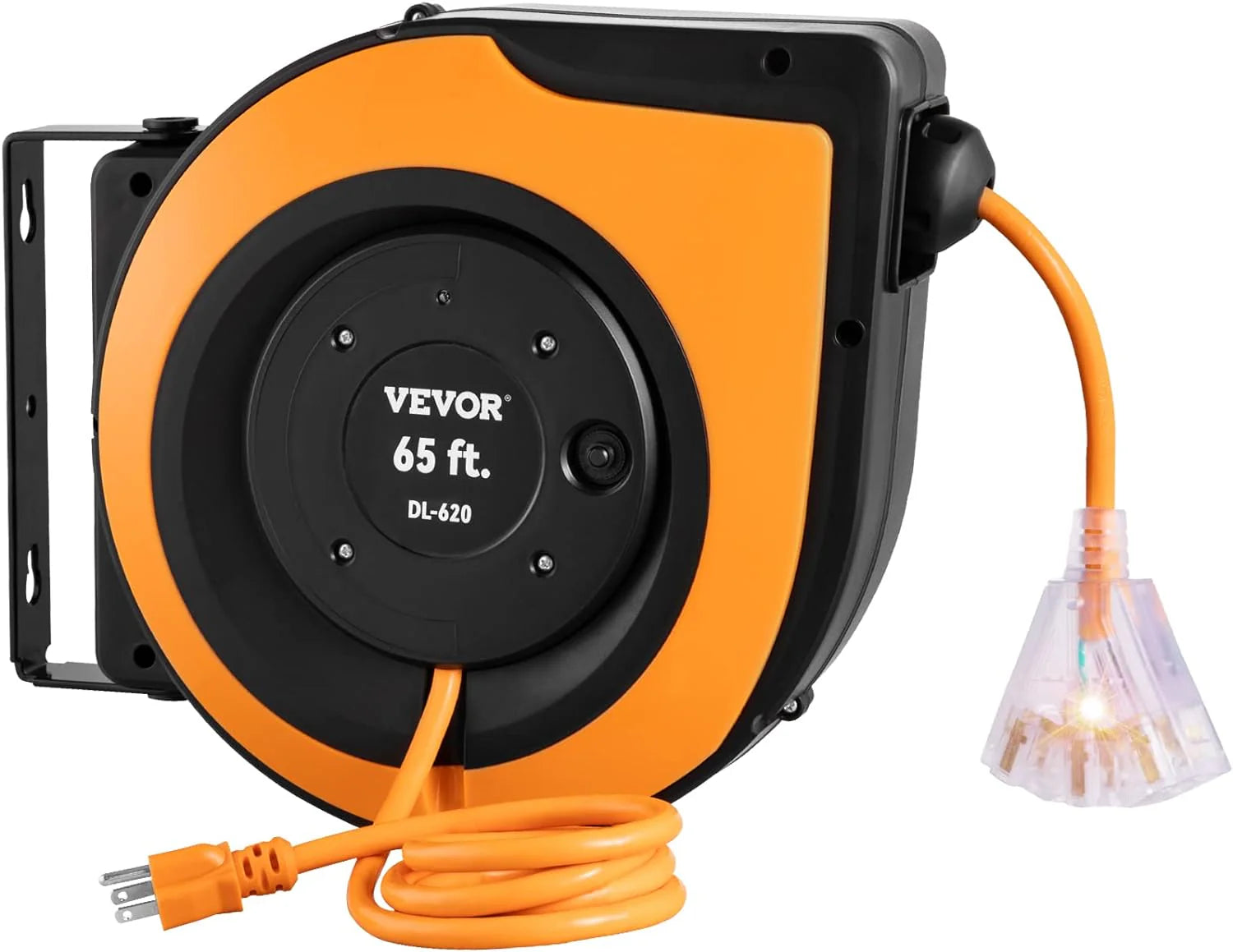VEVOR Heavy Duty 65FT Retractable Power Cord Reel with Lighted Outlet