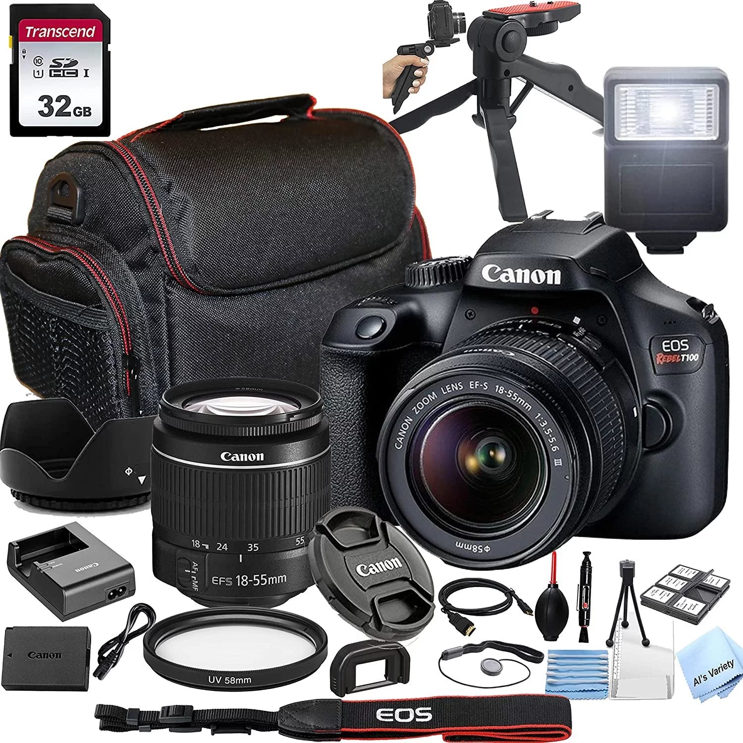 Canon EOS Rebel T100 DSLR Camera with 18-55mm f/3.5-5.6 Zoom Lens,32GB Memory, Case,Tripod w/Hand Grip and More28pc Bundle