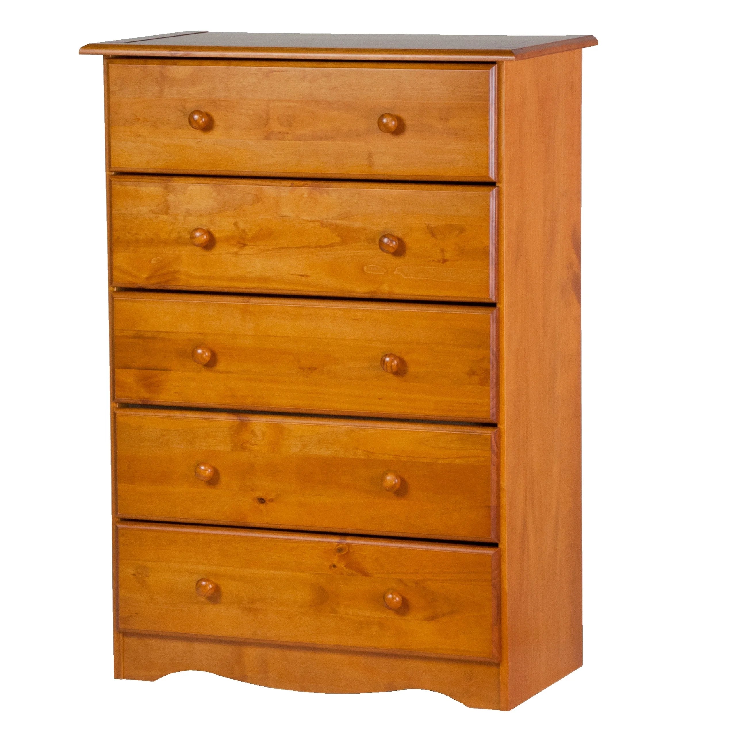 Palace Imports  100% Solid Wood 5-Drawer Chest with Metal or Wooden Knobs Honey Pine Stained Medium Wood