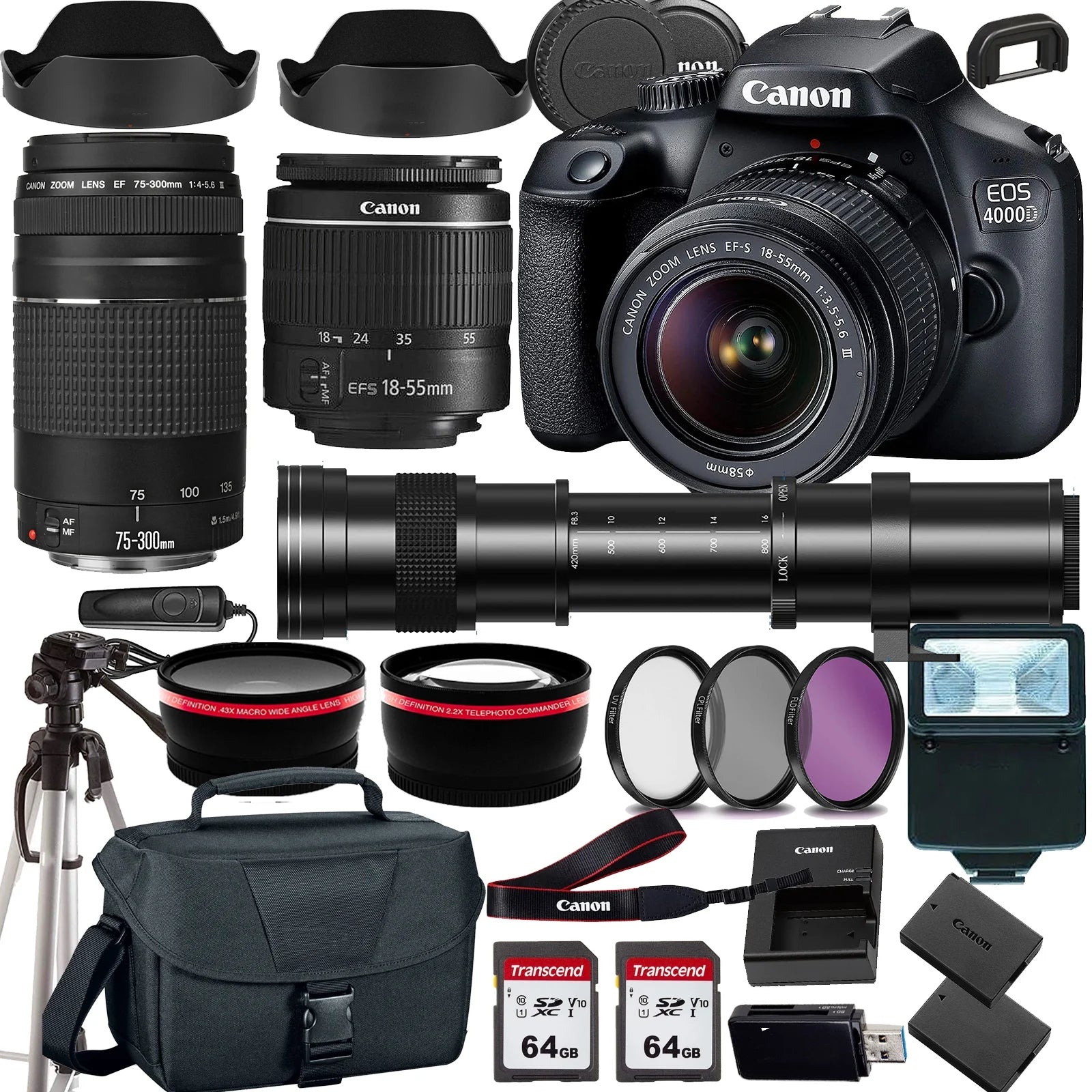 Canon EOS 4000D/Rebel T100 DSLR Camera w/Canon EF-S 18-55mm F/3.5-5.6 Zoom Lens+Canon EF 75-300mm III Lens+420-800mm HD Telephoto Zoom lens+case+128Memory Cards (24PC)