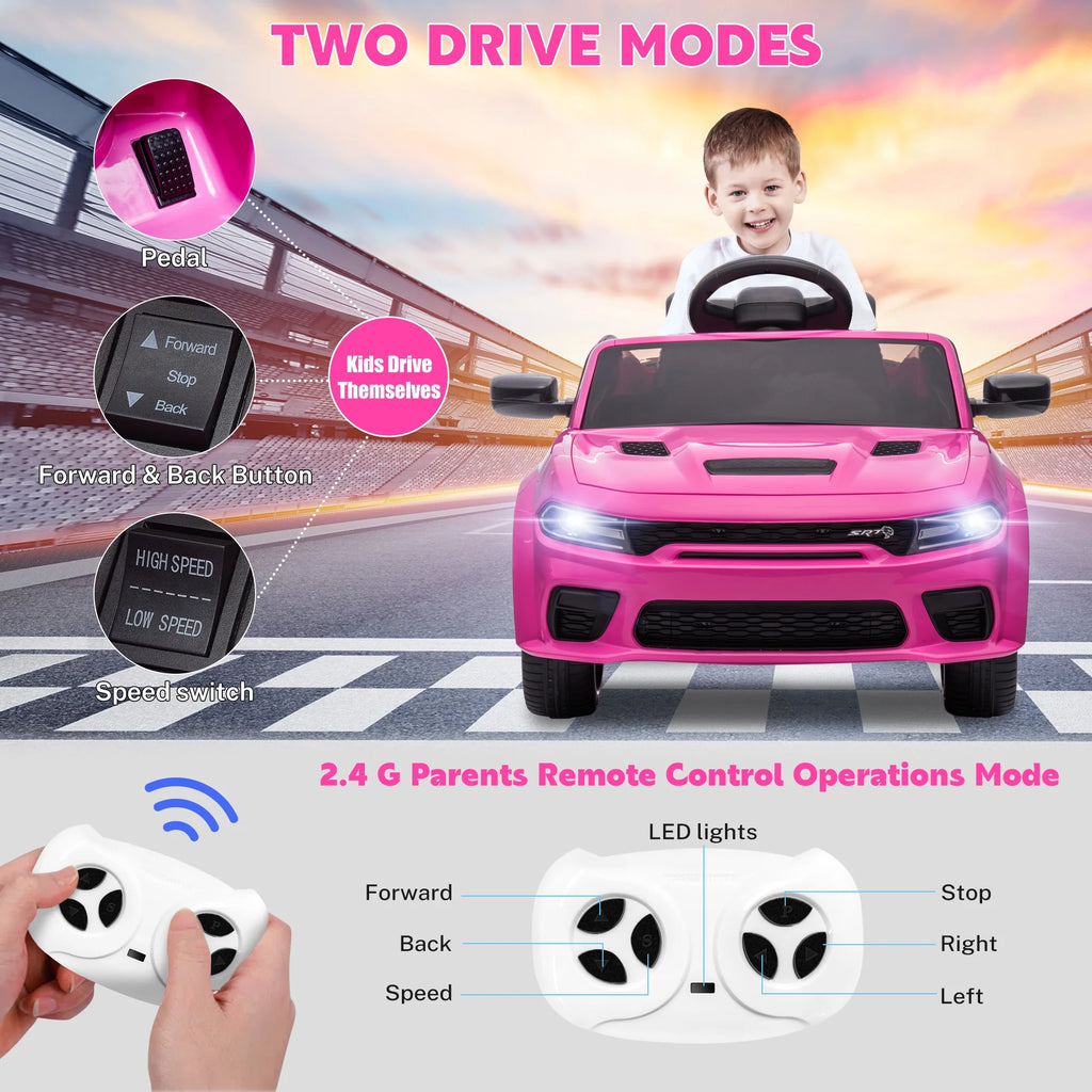Dodge Electric Ride on Cars for Kids, 12V Licensed Dodge Charger SRT Powered Ride On Toys Cars with Parent Remote Control, Electric Car for Girls 3-5 w/Music Player/LED Headlights/Safety Belt, Pink