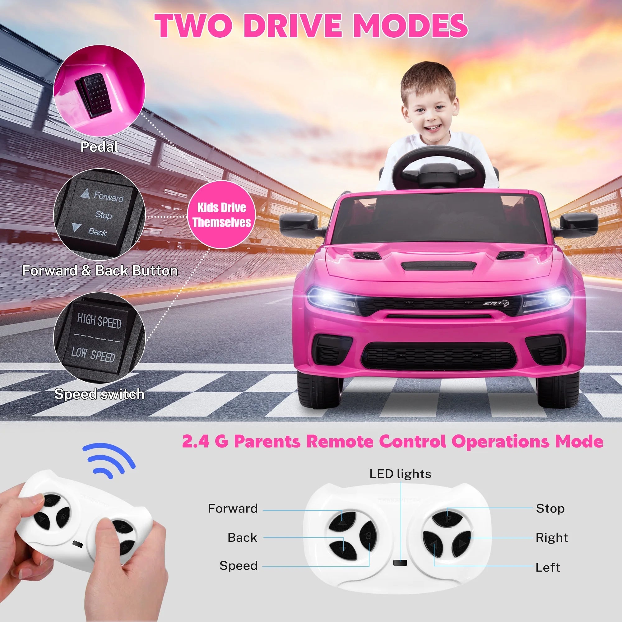 Dodge Electric Ride on Cars for Kids, 12V Licensed Dodge Charger SRT Powered Ride On Toys Cars with Parent Remote Control, Electric Car for Girls 3-5 w/Music Player/LED Headlights/Safety Belt, Pink