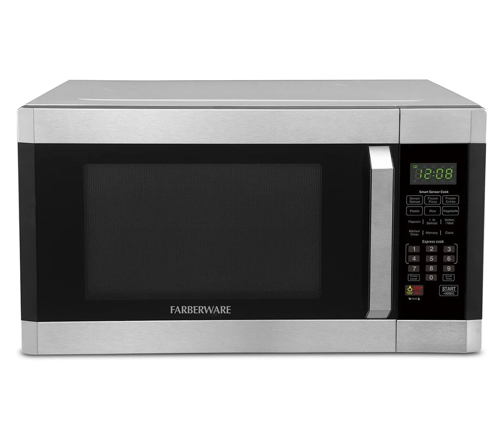 Farberware Countertop Microwave 1100 Watts, 1.6 cu ft - Smart Sensor Microwave Oven With LED Lighting and Child Lock - Perfect for Apartments and Dorms - Easy Clean Stainless Steel with Platinum