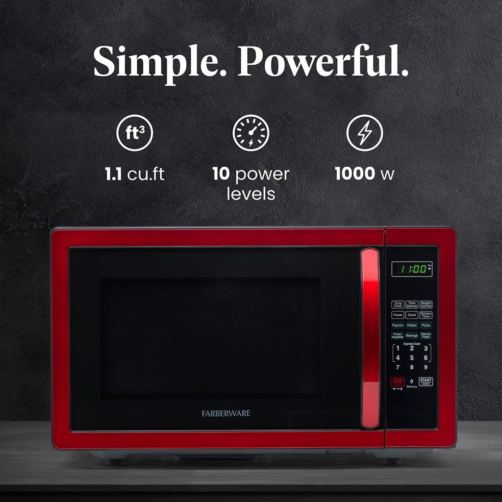 Farberware Stainless Steel Countertop Microwave Oven with Child Lock, 1.1 Cu Ft Red