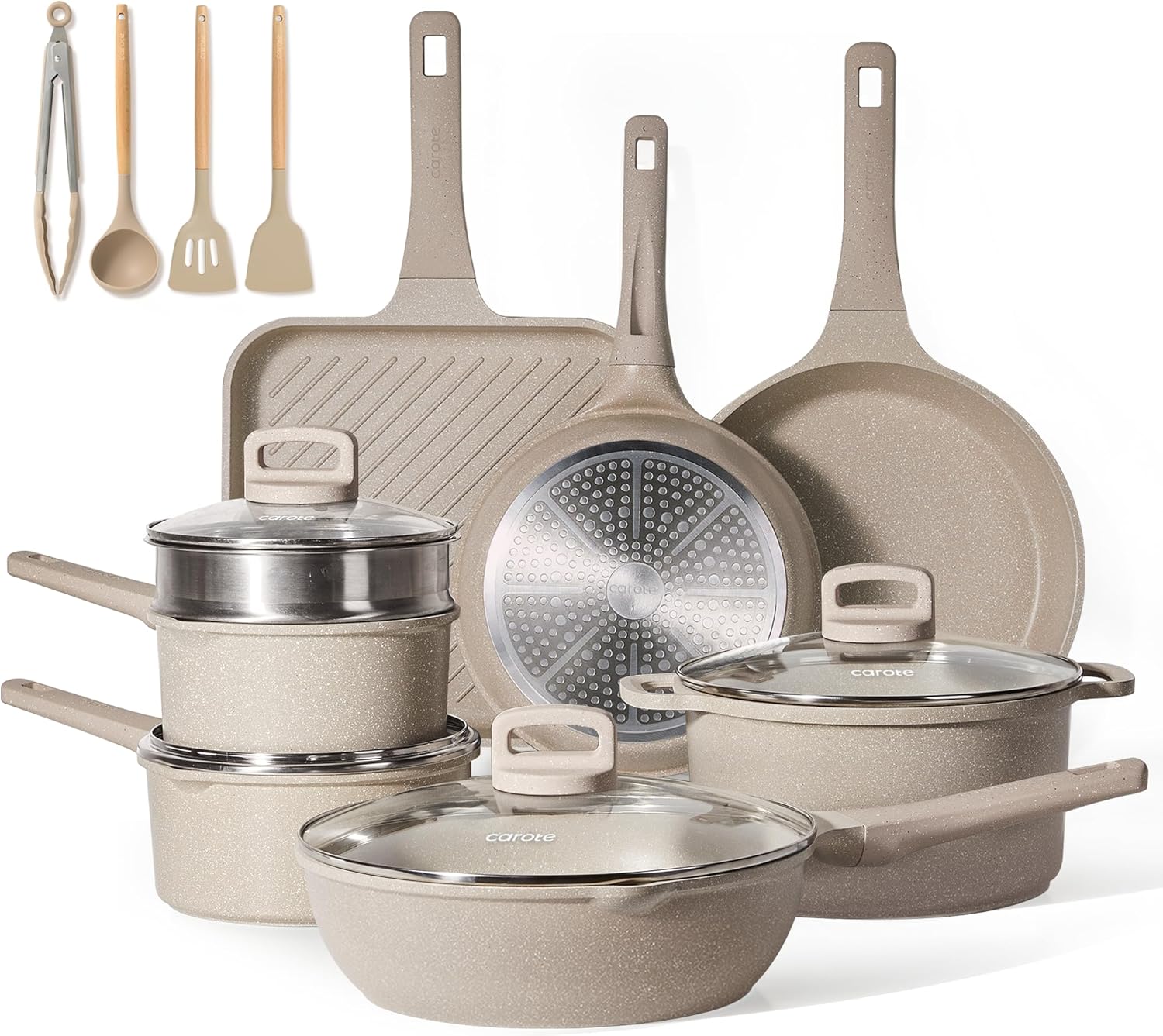 CAROTE Stylish Non Stick Taupe Granite 16 Piece Cookware Set