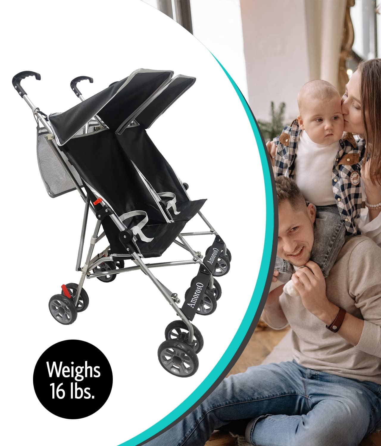 AmorosO Twin Umbrella Stroller Black