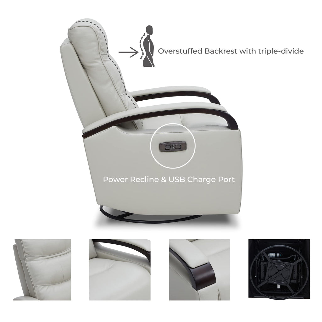 CHITA Genuine Leather Power Swivel Glider Rocker Recliner,USB Charge Power Headrest Wooden Contrast Armrest Double Layer Backrest Recliner Chair Sofa for Living Room and Nursery-Light Grey