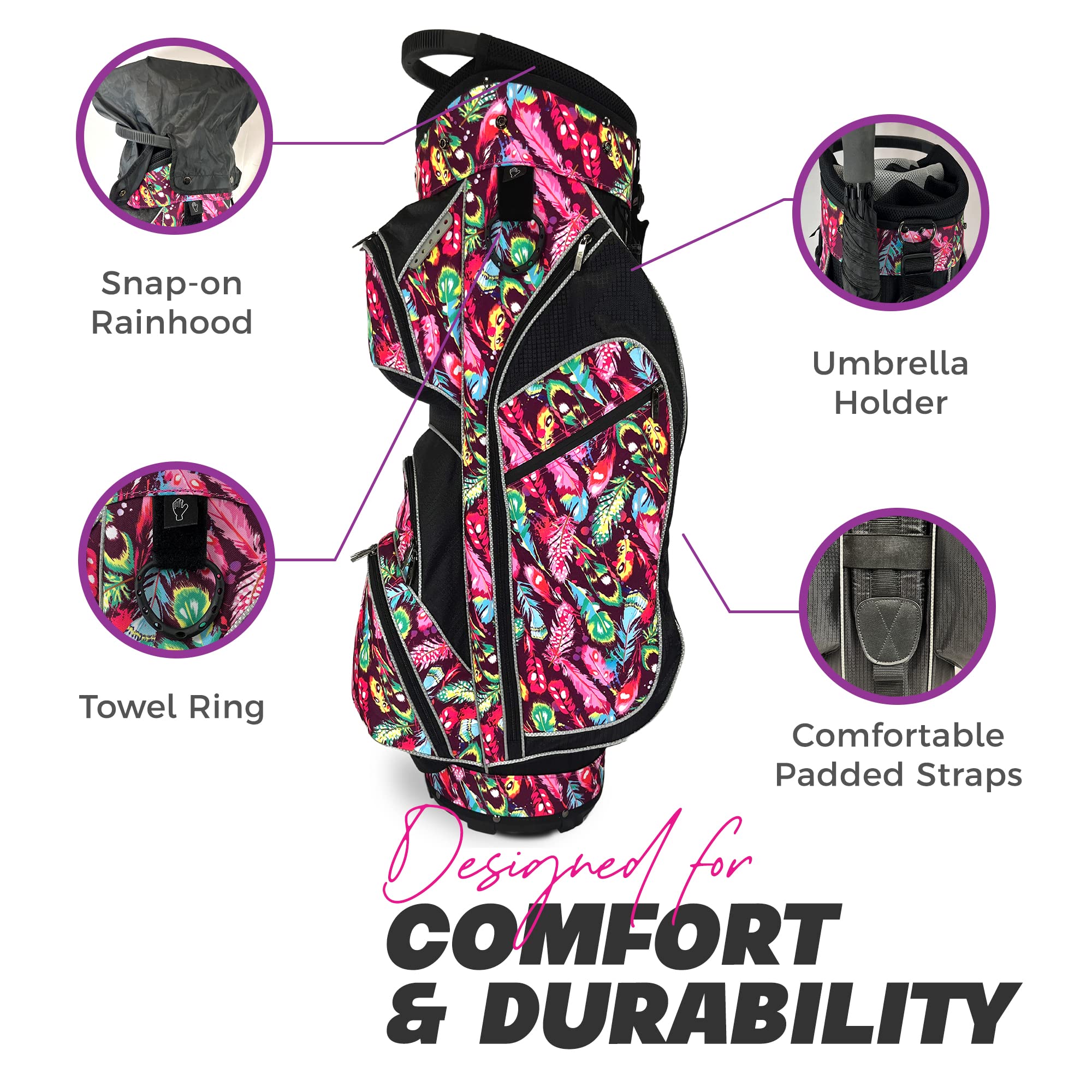 Womens Golf Bag - Taboo Fashions Lightweight Ladies Cart Bag, 14-Way, 7 Zippered Pockets, Rain Hood, Insulated Beverage Compartment