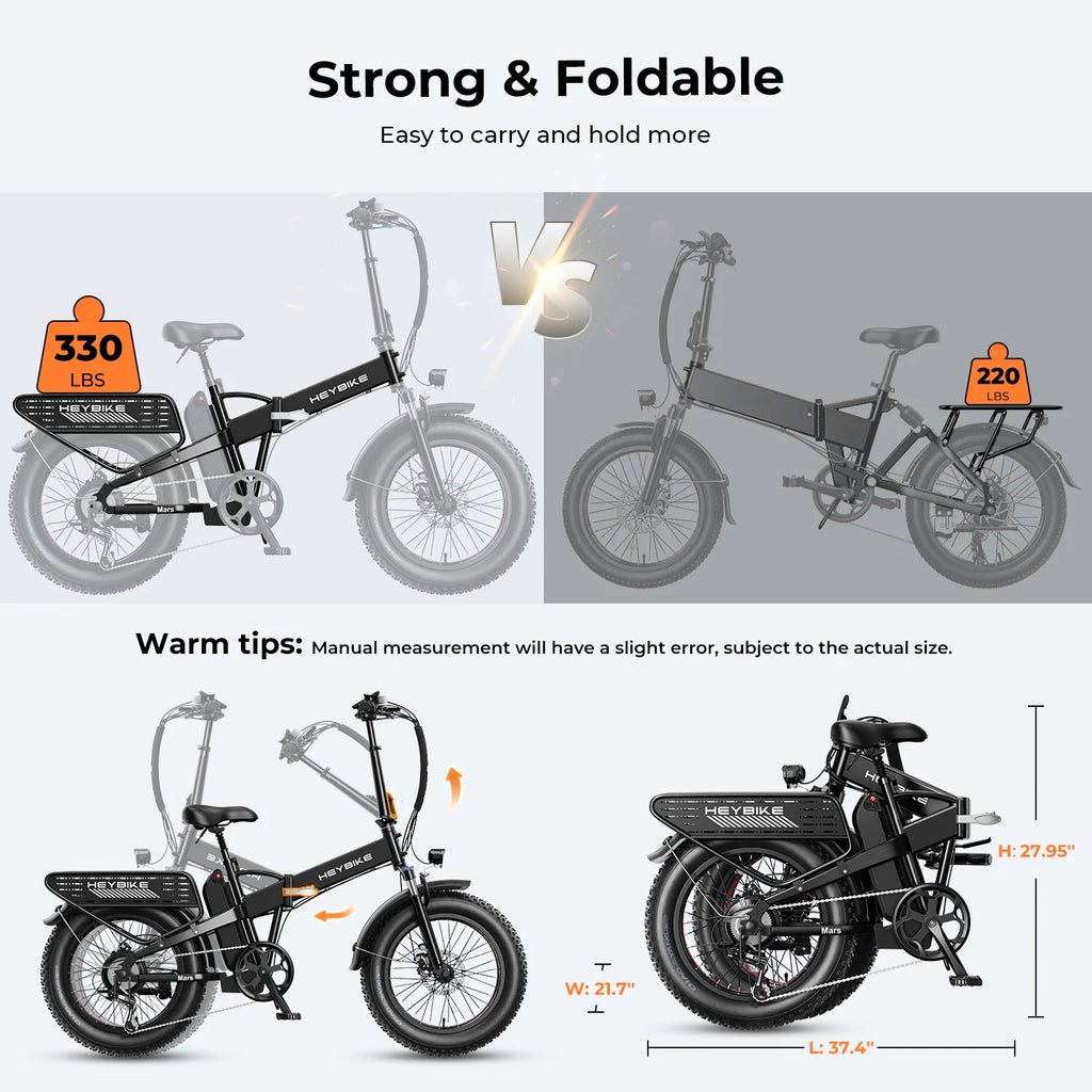 Heybike Mars 2.0 Fat Tire Electric Bike for Adults with 750W Motor, Foldable Ebike with 600Wh Removable Battery, 20" Electric Mountain Bicycle, Full Suspension, UL2849