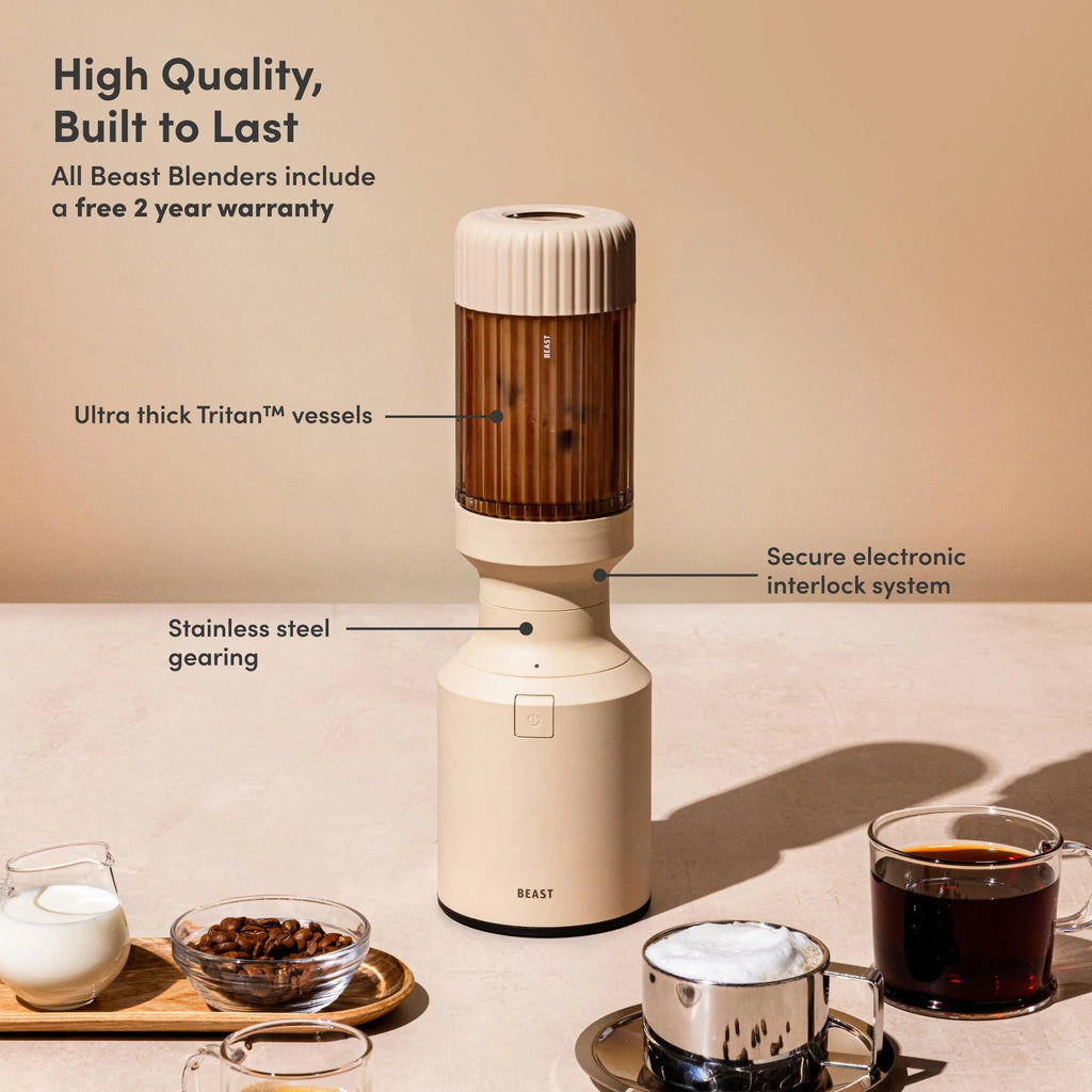 The Beast Mini® Blender Plus | Personal Countertop Blending for Smoothies, Shakes, Food Prep & Frozen Fruits & Veggies | Extra Portable Vessels, Straw Cap & Straws Included | 600W Motor (Sand)