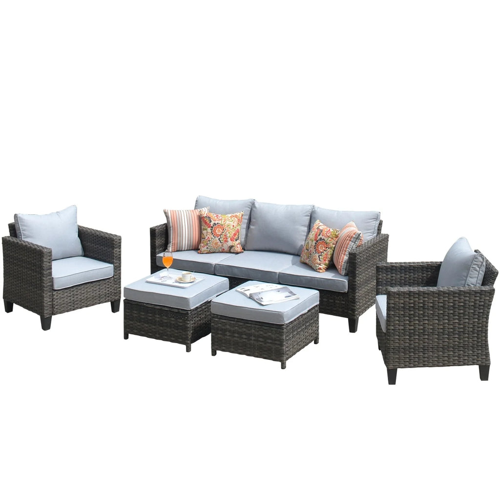 OVIOS  5-piece Patio Furniture Wicker Outdoor High-back Seating Set Grey/Black frame