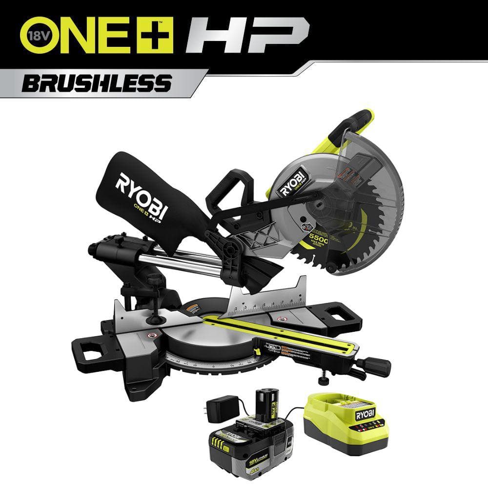 ONE  HP 18V Brushless Cordless 10 in. Sliding Compound Miter Saw Kit with 4.0 Ah HIGH PERFORMANCE Battery and Charger PBLMS01K