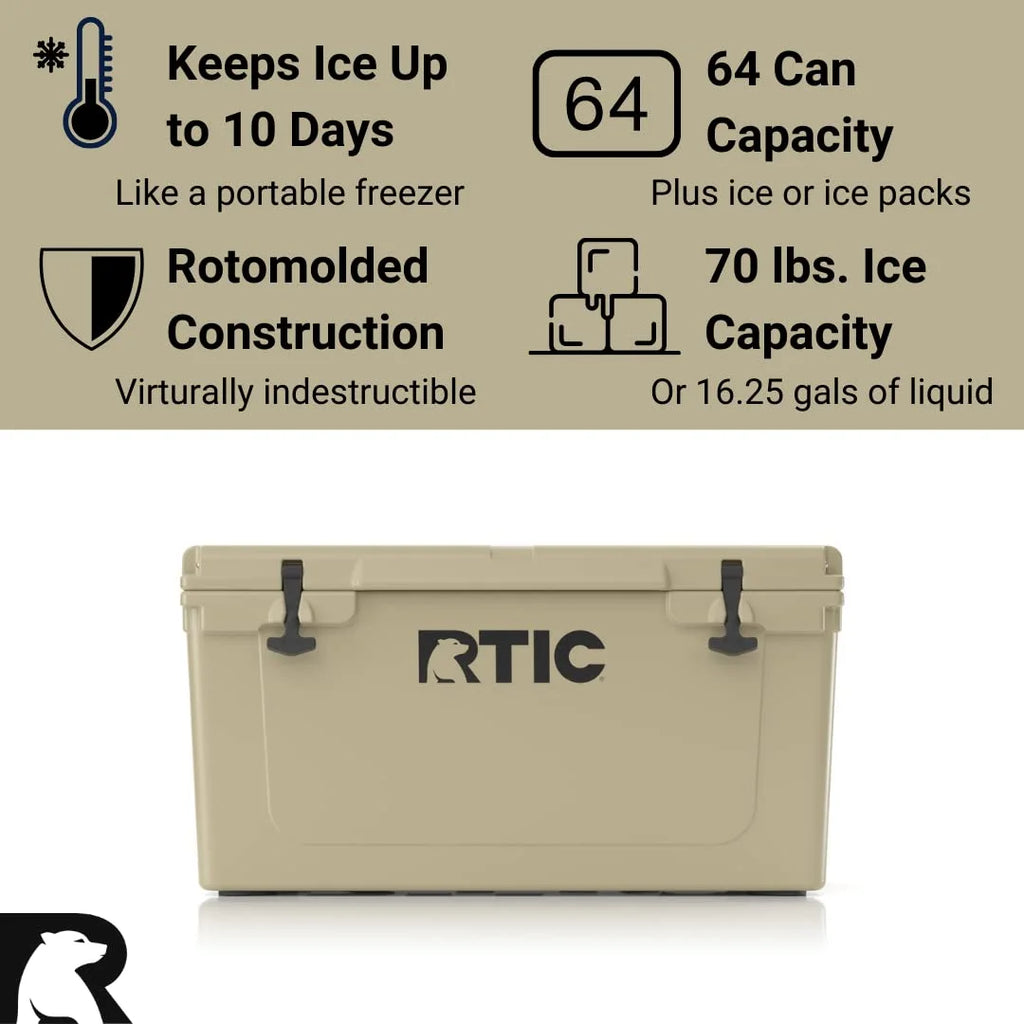RTIC 65 QT Ultra-Tough Rotomolded Hard-Sided Ice Chest Cooler, Tan, Fits 84 Cans