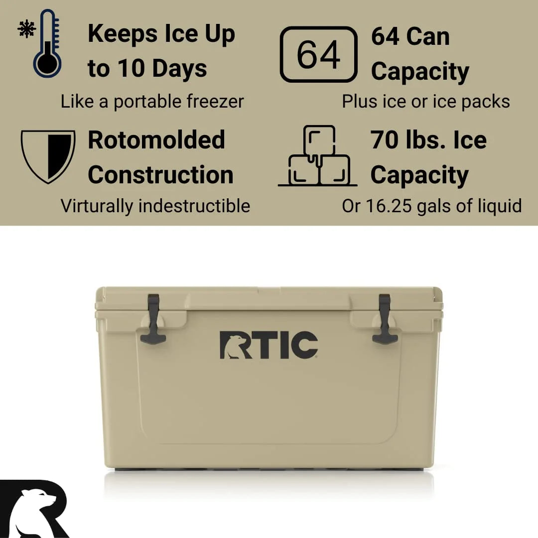 RTIC 65 QT Ultra-Tough Rotomolded Hard-Sided Ice Chest Cooler, Tan, Fits 84 Cans