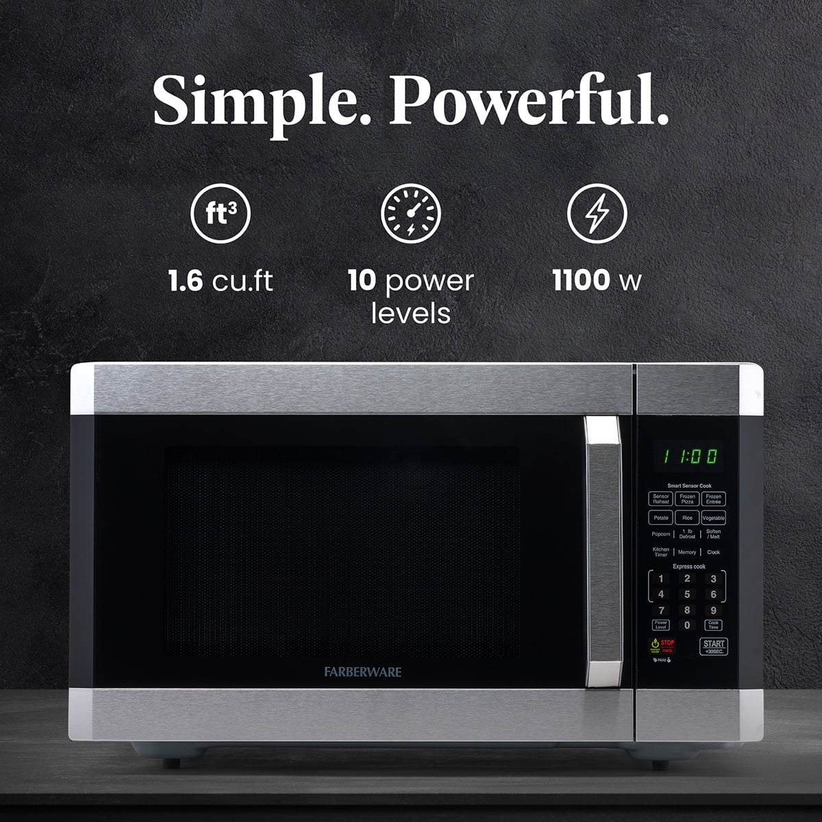 Farberware Countertop Microwave 1100 Watts, 1.6 cu ft - Smart Sensor Microwave Oven With LED Lighting and Child Lock - Perfect for Apartments and Dorms - Easy Clean Stainless Steel with Platinum