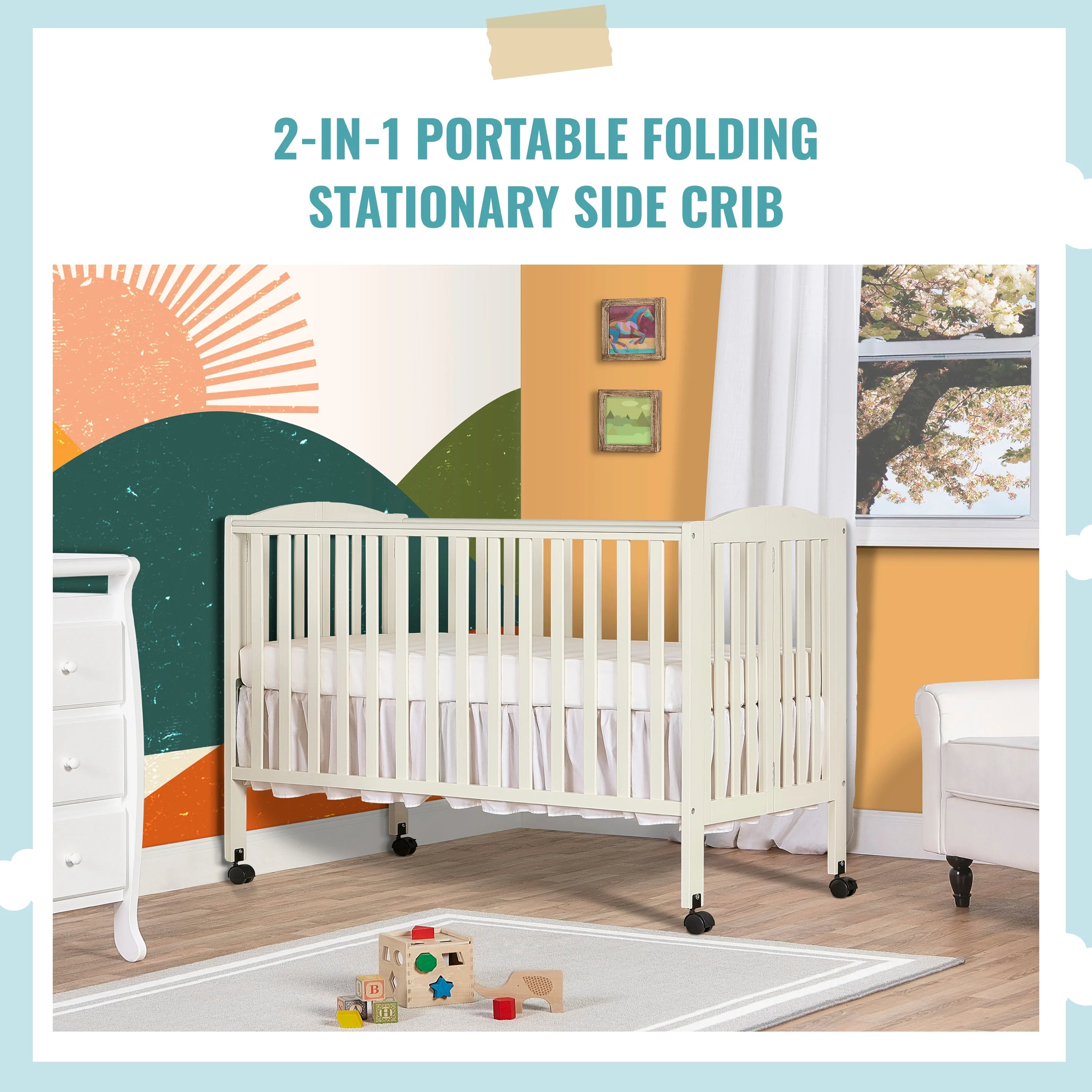 Dream On Me Full Size 2-in-1 Folding Stationary Side Crib, Locking Wheels, French White