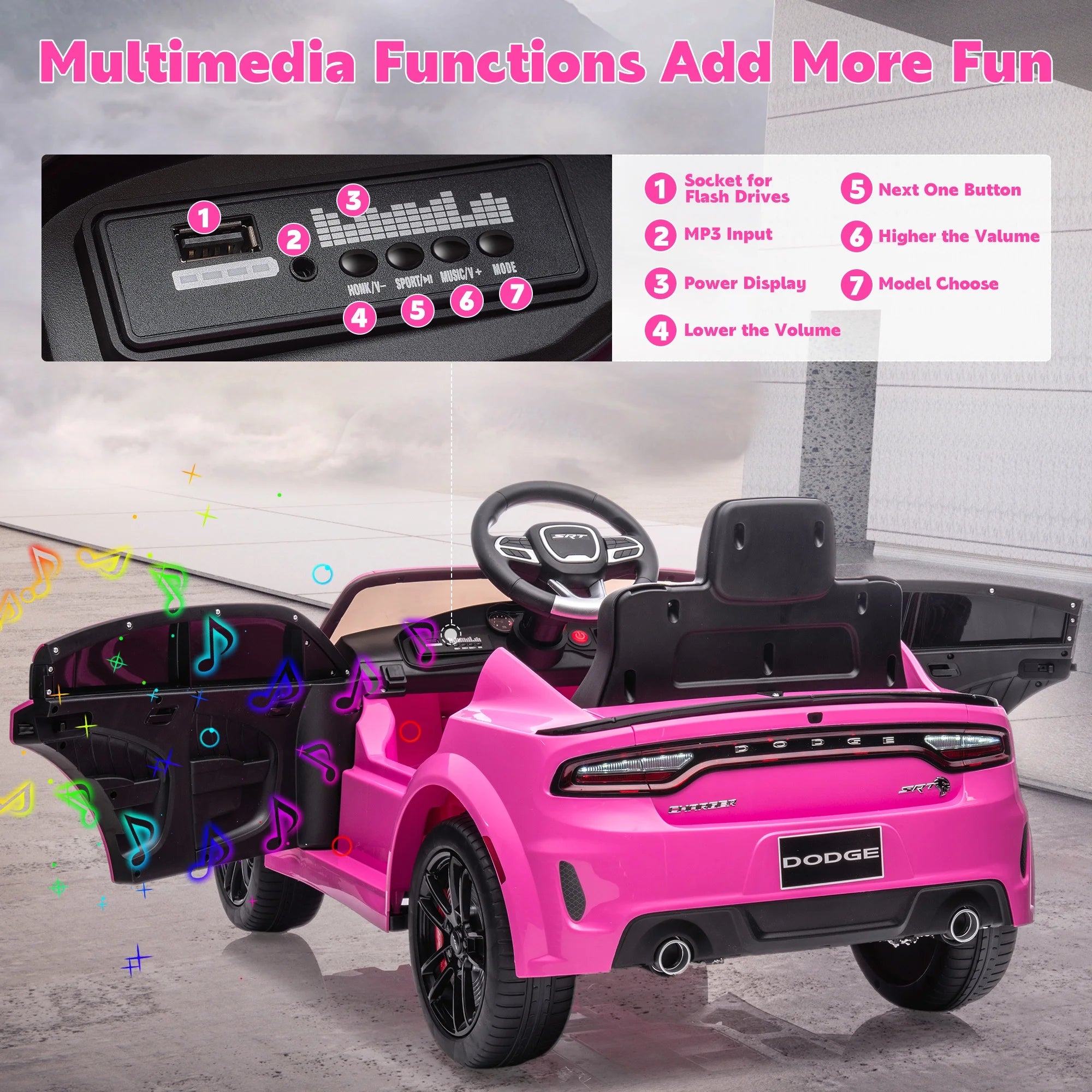 Dodge Electric Ride on Cars for Kids, 12V Licensed Dodge Charger SRT Powered Ride On Toys Cars with Parent Remote Control, Electric Car for Girls 3-5 w/Music Player/LED Headlights/Safety Belt, Pink