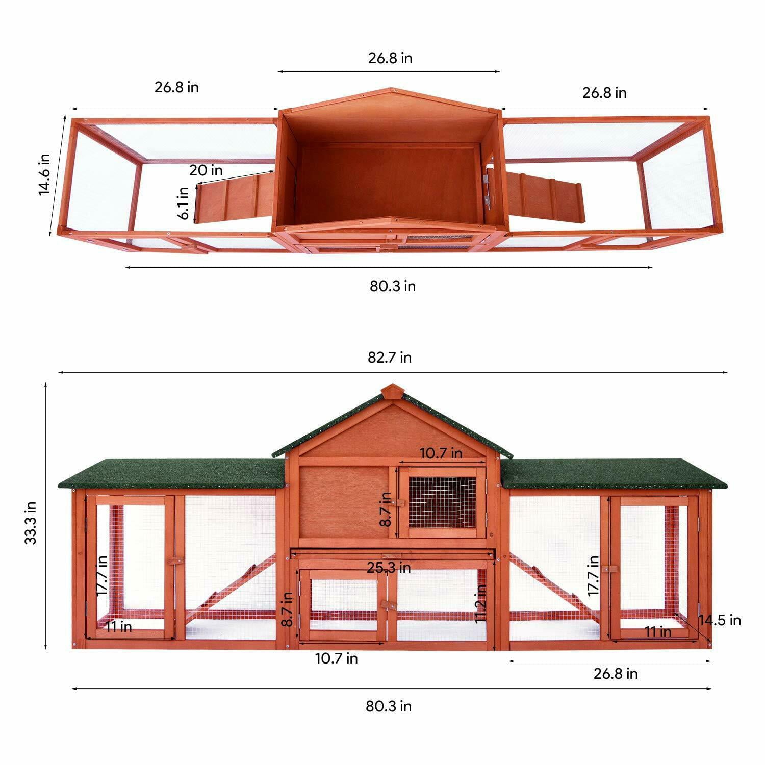 streakboard 83'' Large Rabbit Hutch Backyard Wooden Chicken Coop Bunny Poultry Cage W/ Ramp