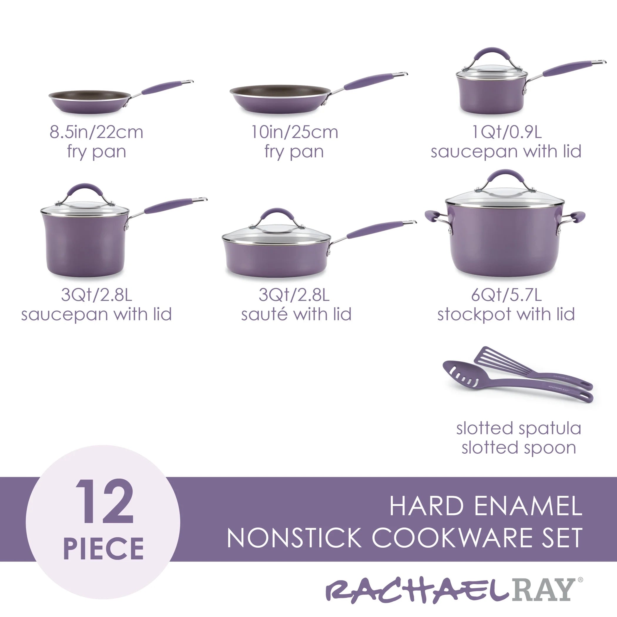 Rachael Ray Cucina 12pc Hard Porcelain Enamel Nonstick Cookware Pots and Pans Set, Lavender Purple