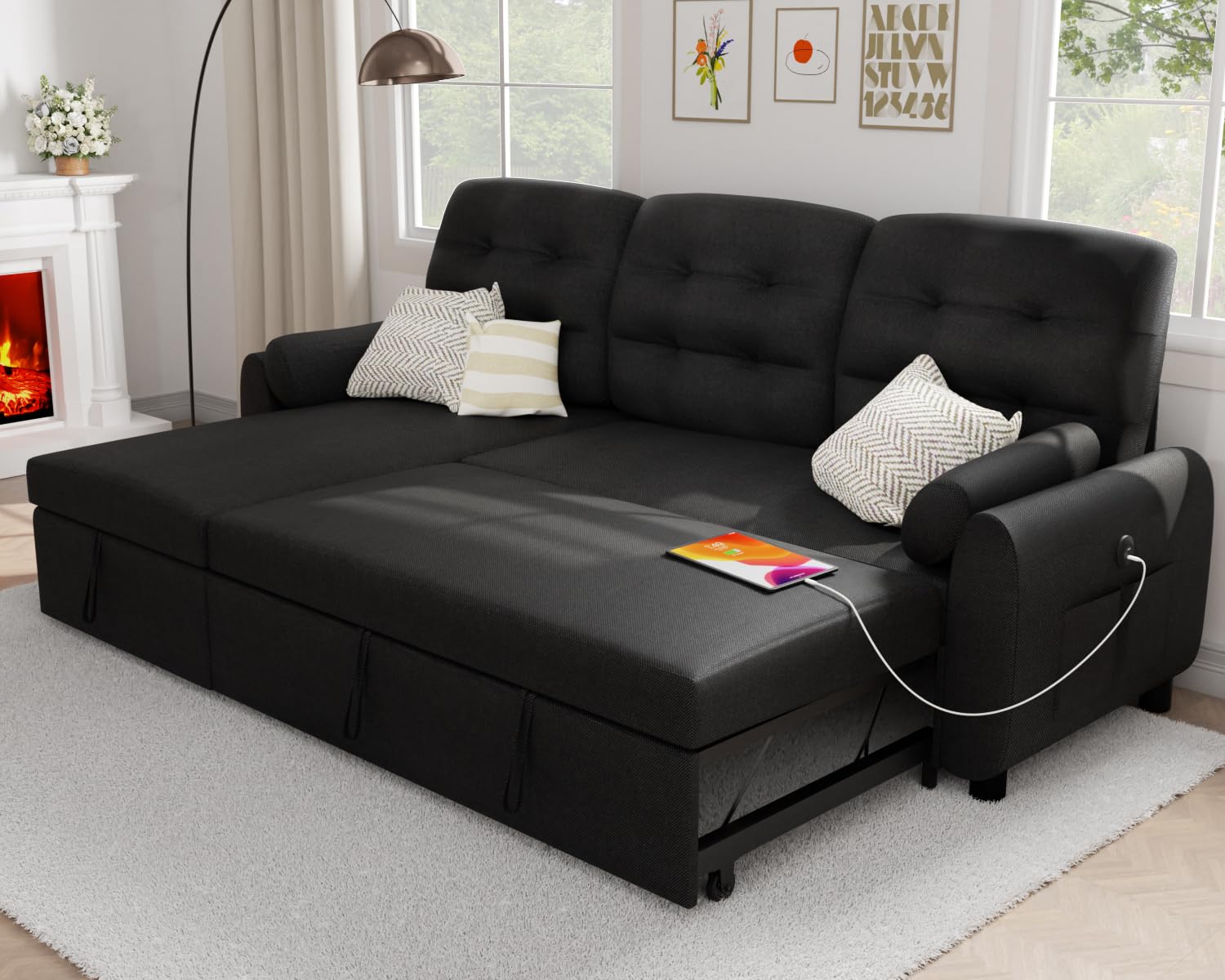 Ucloveria Sectional Sofa Couch, 87" Sleeper Sofa Bed