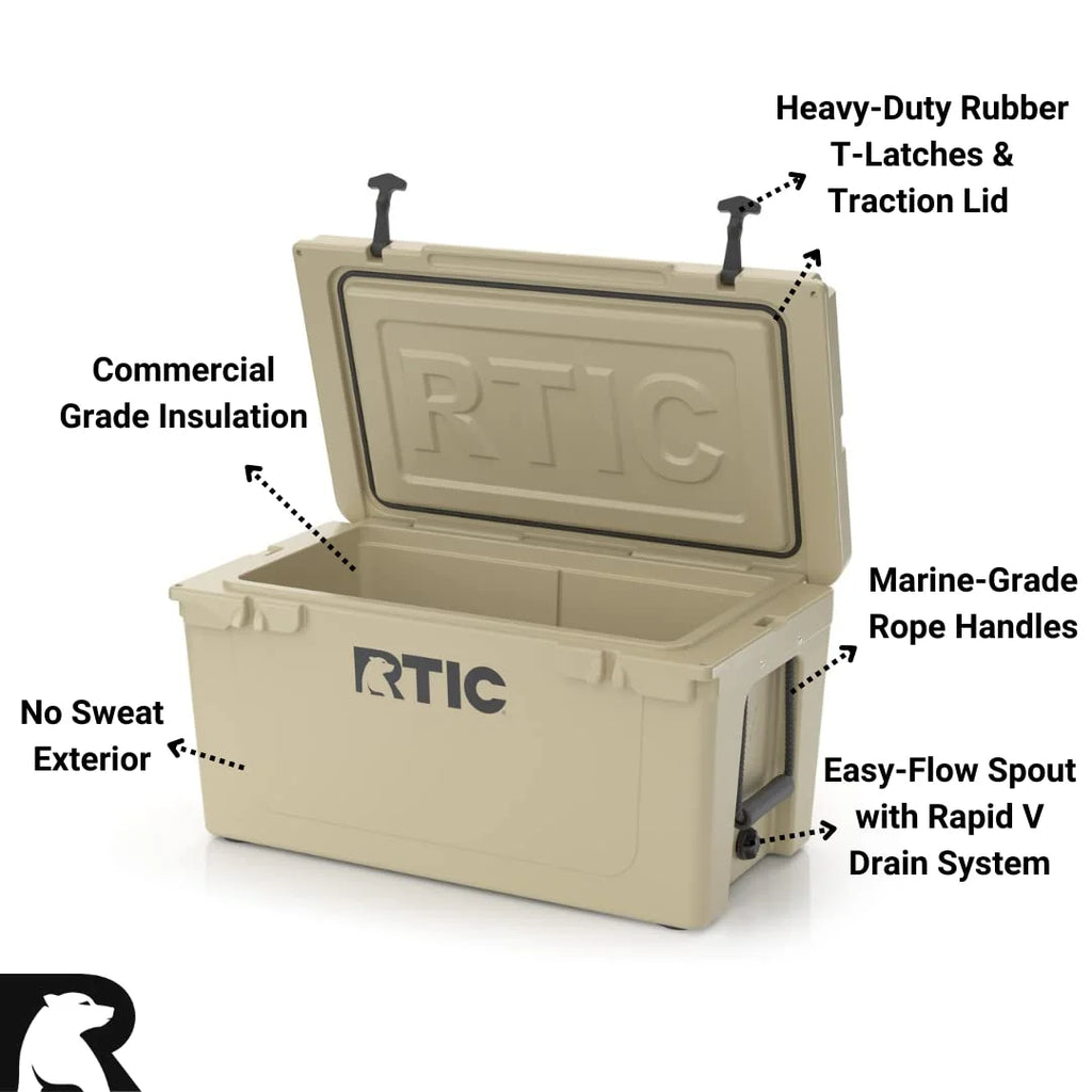 RTIC 65 QT Ultra-Tough Rotomolded Hard-Sided Ice Chest Cooler, Tan, Fits 84 Cans