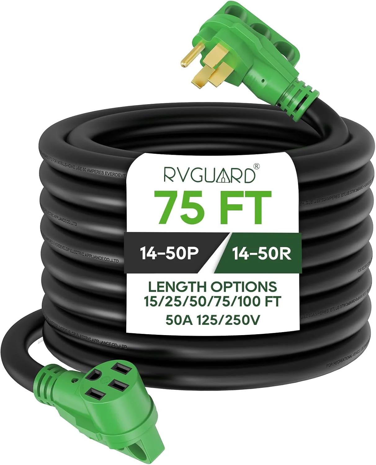 RVGUARD Heavy Duty 75 Foot 50 Amp RV EV Extension Cord Green