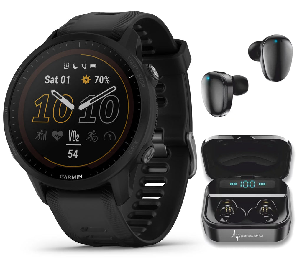 Garmin Forerunner 955 Solar, GPS Running Smartwatch with Solar Charging Capabilities, Tailored to Triathletes, Long-Lasting Battery, Black with Wearable4U Black EarBuds Bundle