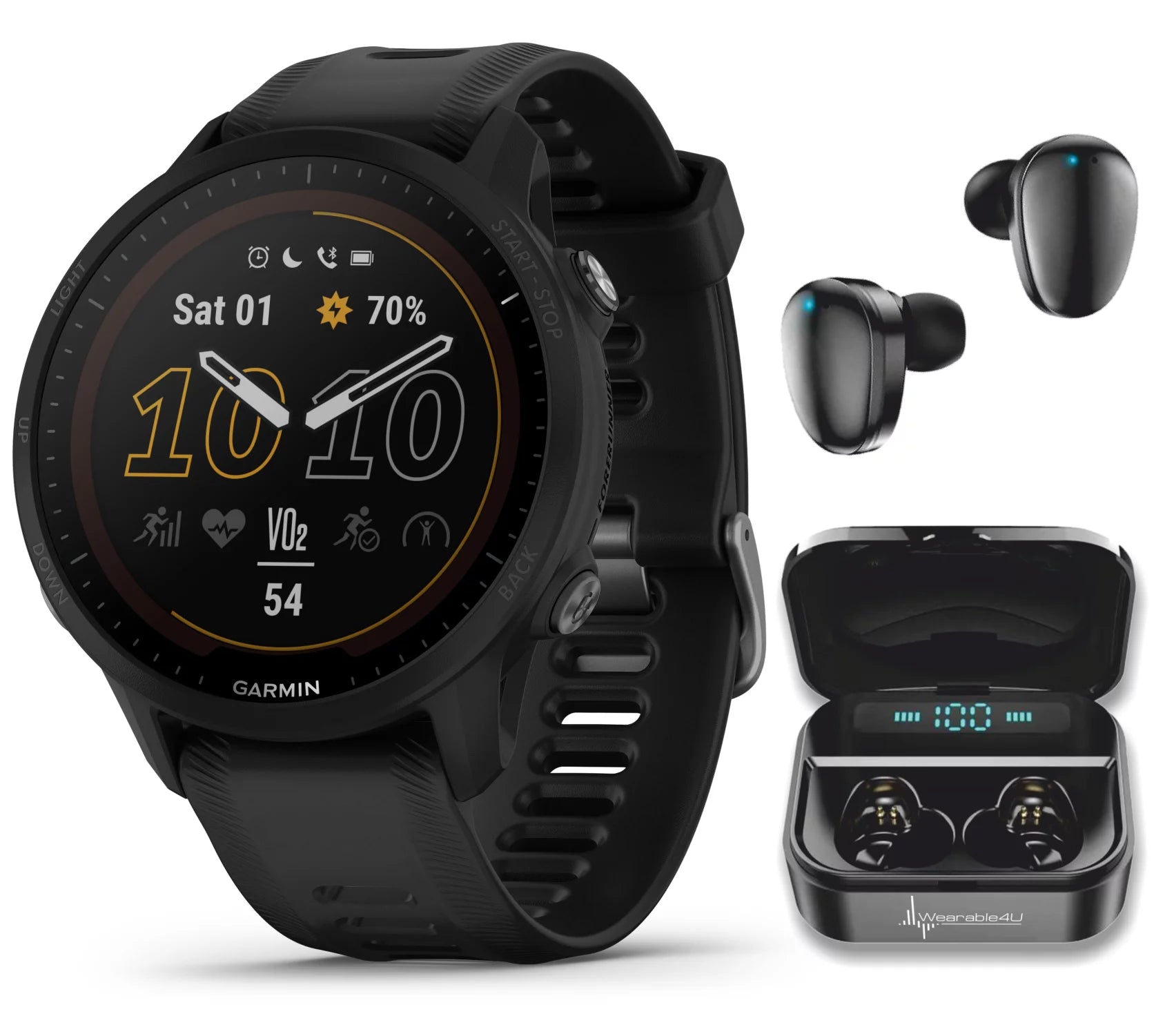 Garmin Forerunner 955 Solar, GPS Running Smartwatch with Solar Charging Capabilities, Tailored to Triathletes, Long-Lasting Battery, Black with Wearable4U Black EarBuds Bundle