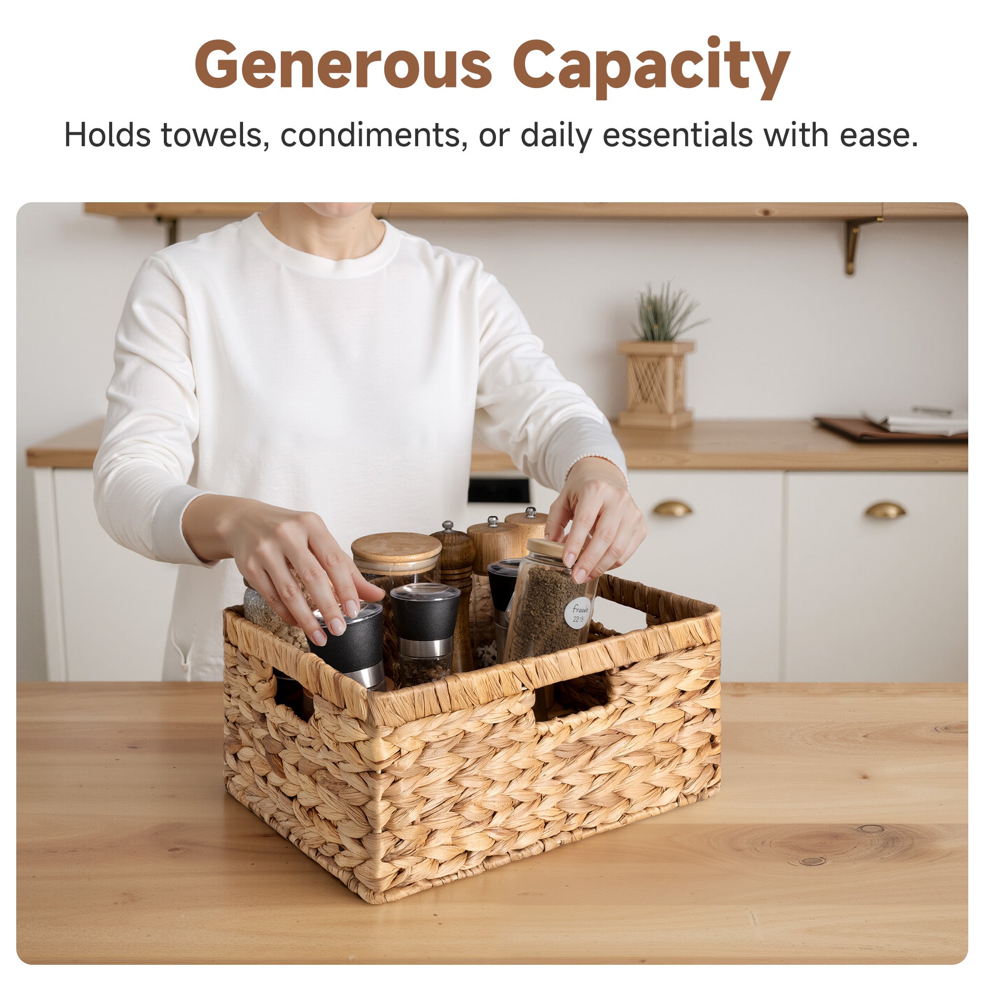Large Rectangular Wicker Basket with Built-in Handles, Water Hyacinth, 1 Pack