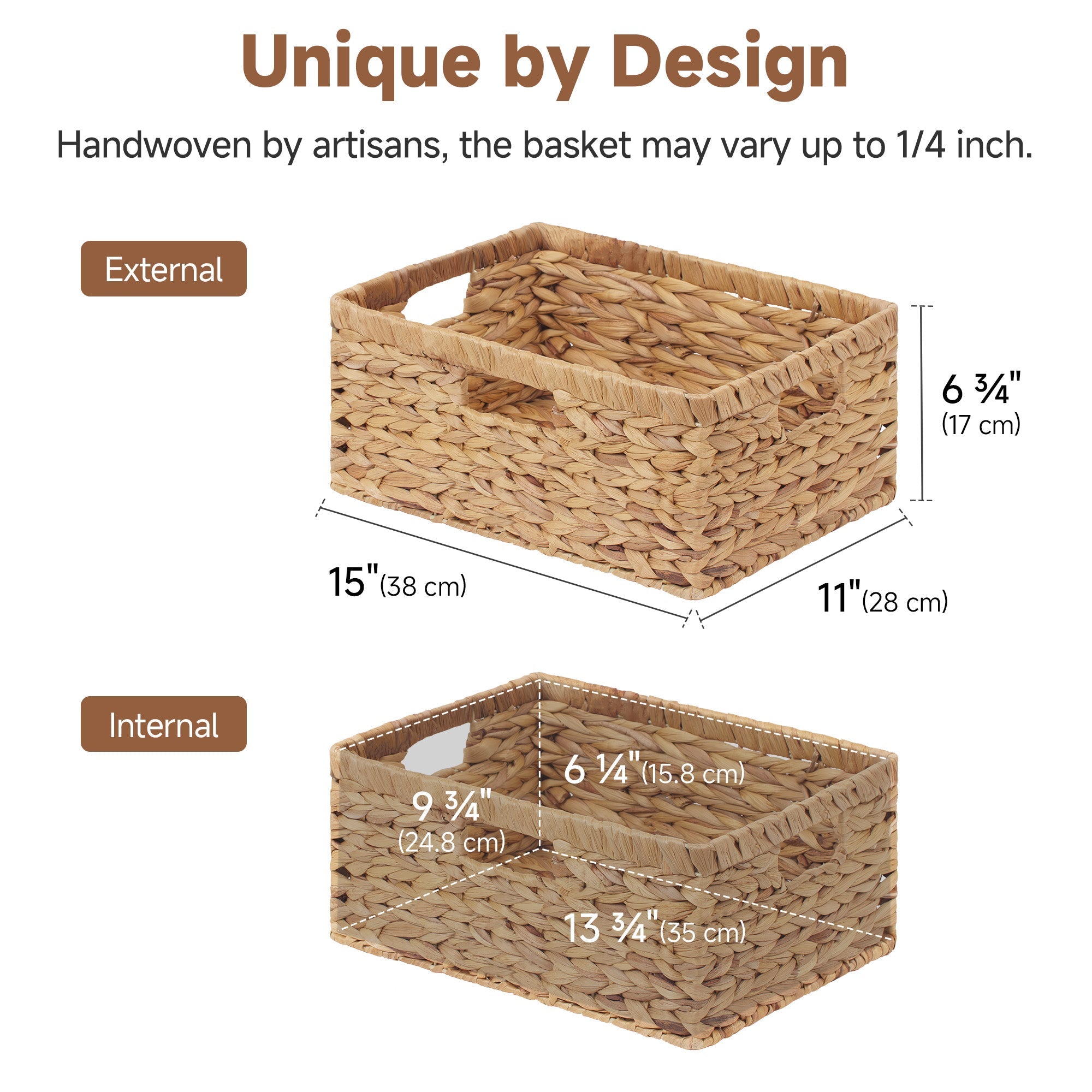 Large Rectangular Wicker Basket with Built-in Handles, Water Hyacinth, 1 Pack