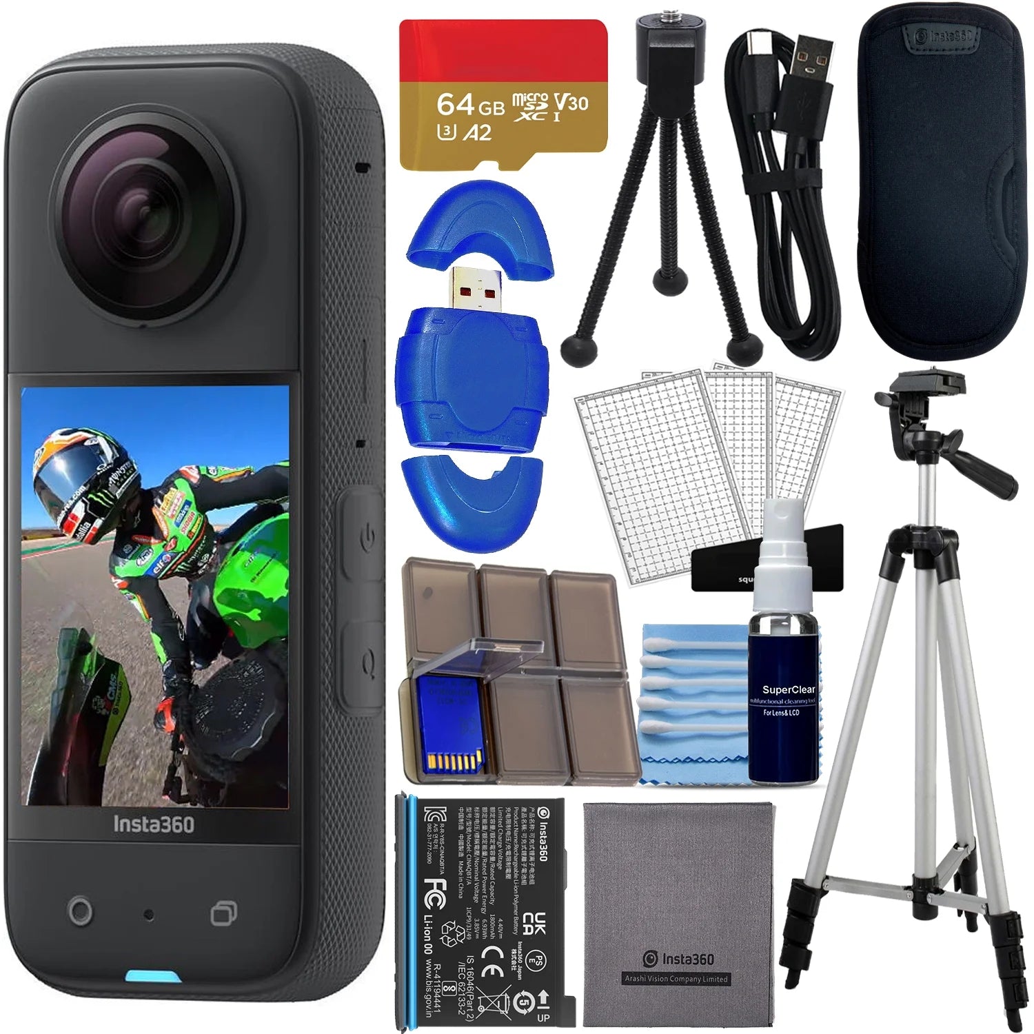 insta360 X3 - Waterproof 360 Action Camera with 1/2" 48MP Sensors, 5.7K 360 HDR Video, 72MP 360 Photo Bundle with 64gb Memory + High Speed Card Reader +Full Size Tripod + Table Top Tripod + Action Kit