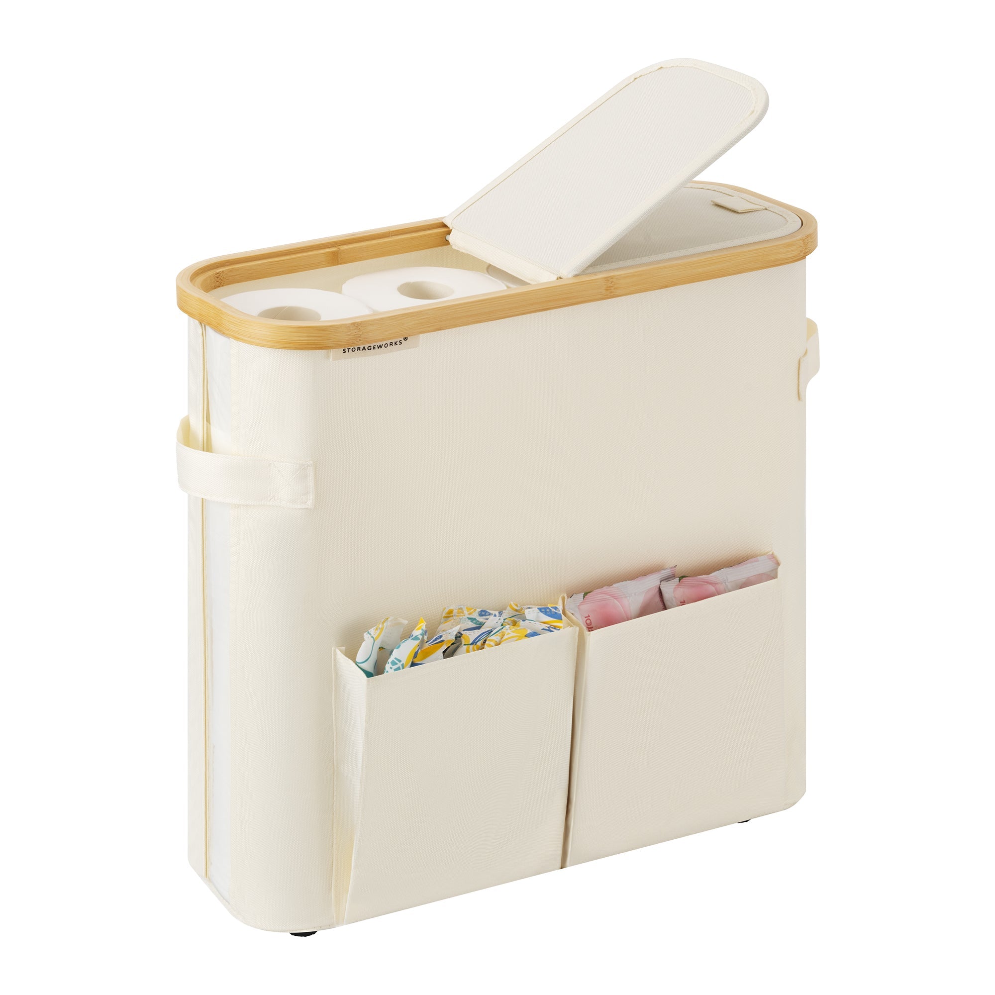Toilet Paper Storage Baskets with Dual Flip Lids and Side Pockets