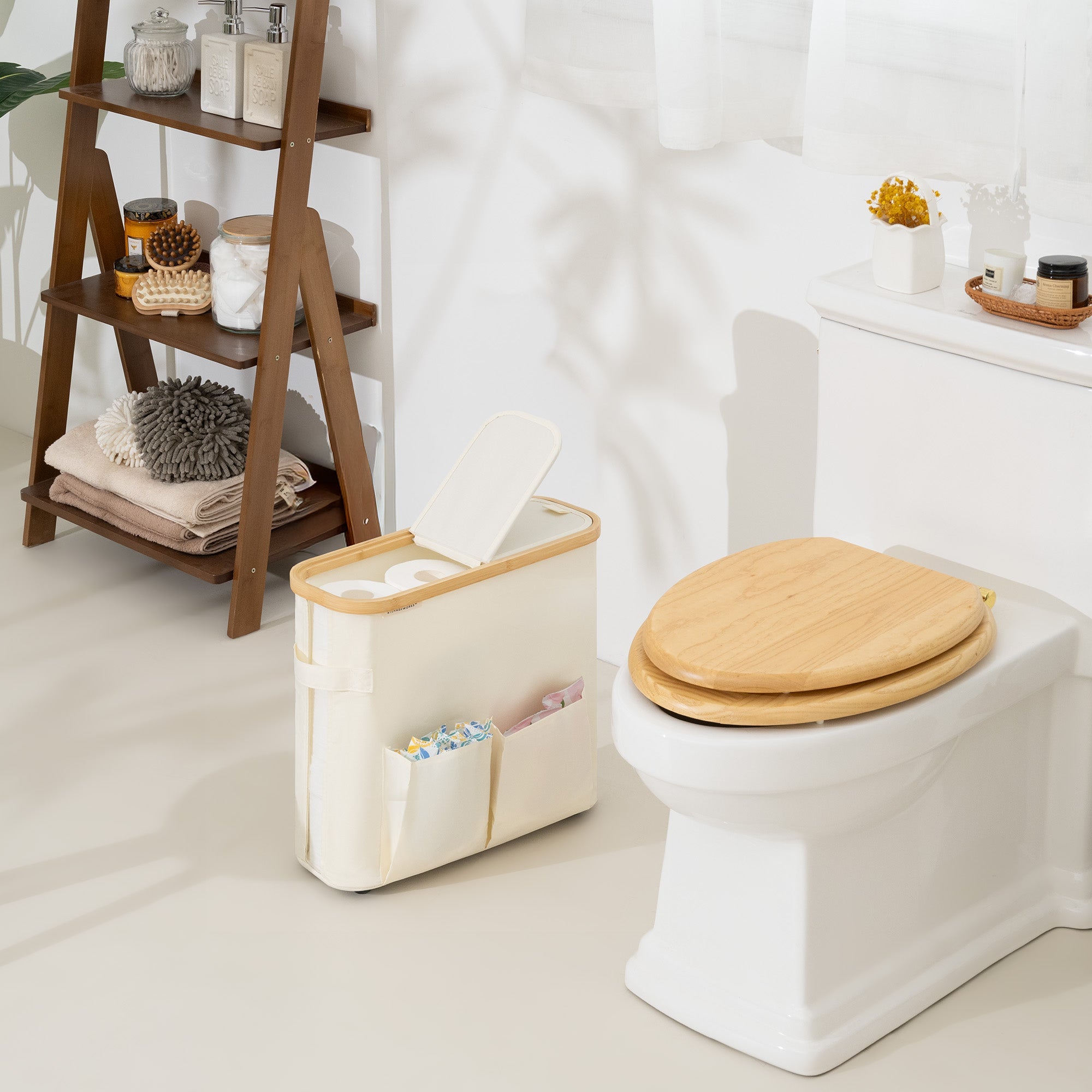 Toilet Paper Storage Baskets with Dual Flip Lids and Side Pockets